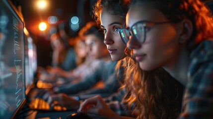 A group of students in a coding class with bright lighting and an educational, interactive atmosphere.