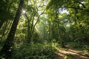 Fototapeta premium Dense foliage with sunlight filtering through canopy, forest floor, woodland, nature, lush, leaf litter