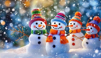 Fototapeta premium Group of snowmen in colorful scarves and hats in snowy background