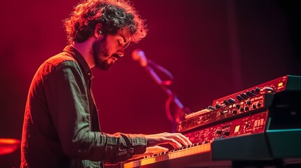 Obraz premium Keyboardist delivers captivating performance with swift finger movements