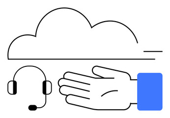 Cloud, headset, hand represent cloud computing, customer support, and service accessibility. Ideal for business, tech, customer service, online support cloud services communication IT