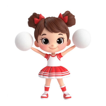 Cheerful cartoon character in a cheerleading outfit holding pom-poms., isolated on a transparent background.