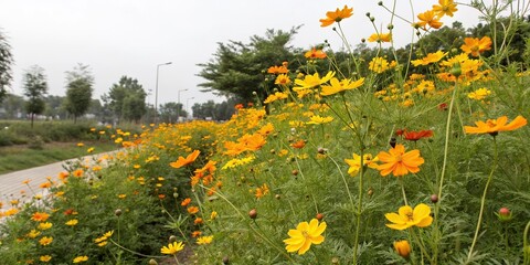 Obraz premium Diverse yellow and orange Cosmos flowers swaying gently in a breezy garden setting, yellow cosmos, colorful wildflowers, garden blooms