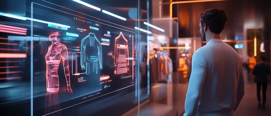 Naklejka premium A futuristic fashion boutique with holographic changing rooms offering customizable outfits