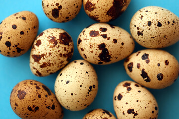 Few amount of quail eggs in small pile on blue background