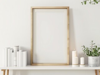 A wooden shelf with a blank frame, a vase with green plants, a candle, and books on a white wall background