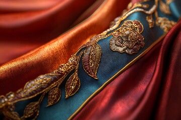 Opulent Embroidered Fabric: A Tapestry of Gold, Red, and Blue Threads. Intricate Floral Design, Luxurious Texture, and Artistic Needlework. Exquisite Detail and Elegant Style.