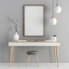 Minimalist home office interior with white desk, chair, and a blank canvas poster