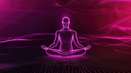 A glowing figure meditating in a vibrant pink environment, symbolizing tranquility and spiritual connection in a digital art style.