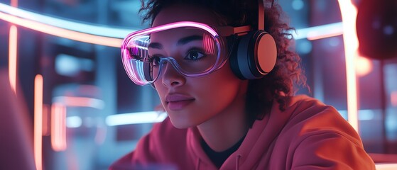 A hightech laboratory with a VR artist creating digital sculptures surrounded by vibrant light trails