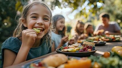 A group of happy children enjoying healthy food at an outdoor table, with various fruits and sandwiches on the plates