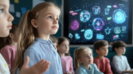 A group of children attentively listening to a presentation, with a vibrant, interactive digital display featuring various educational elements in the background.