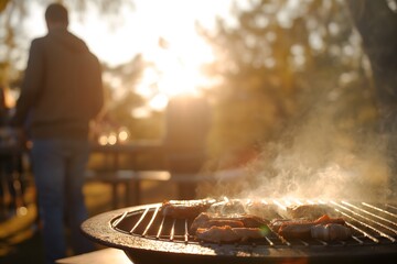Grilling meat outdoors during golden hour.