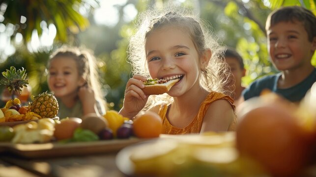 A group of happy children enjoying healthy food at an outdoor table, with various fruits and sandwiches on the plates