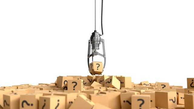 The claw machine is picking up a box with a question mark.