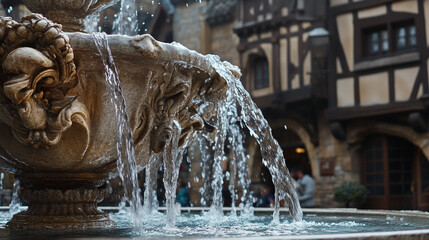 Detailed shot of a town square fountain, with clear water splashing against the sculpted stone.