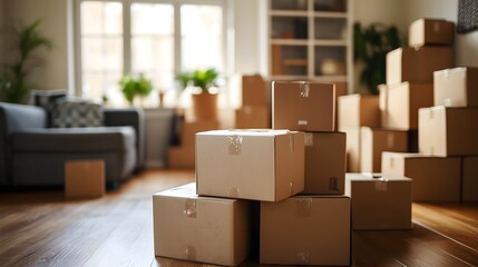 Stacked moving boxes in sunlit living room interior with modern furniture and houseplants, copy space
