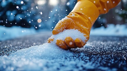 hand in yellow glove holds road salt for scattering on asphalt. Anti-slip salt in winter, reagents for anti-slip