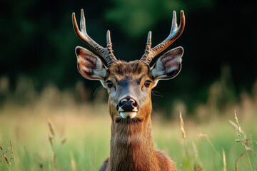 Majestic deer with antlers gazes serenely in a lush green meadow, blending natural beauty with serene elegance in a tranquil wildlife setting.