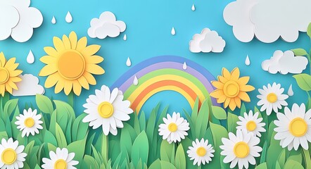 Sun, clouds, and rain in the sky, flowers on a flat background, paper cut style, rainbow color palette, sun rays, white daisies, blue sky with white clouds