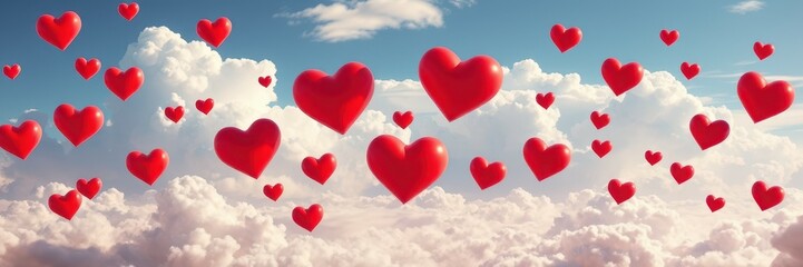 Many red hearts float among fluffy white clouds in a bright blue sky