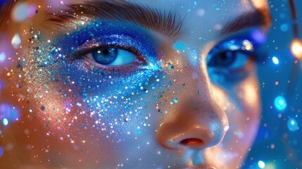 A cosmic background scene showcasing a model with celestial-themed makeup, emphasizing otherworldly beauty.