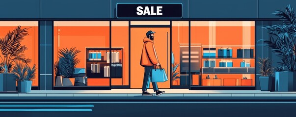 Joyful shopper exiting store with sale signs urban environment digital artwork cheerful scene shopping experience