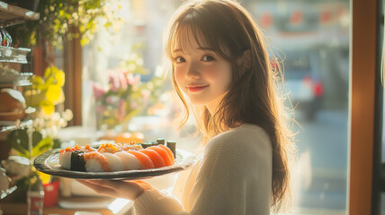 Young woman holds sushi platter in a sunlit cafe adorned with greenery