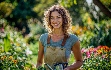 A young and smiling woman does gardening work and waters flowers