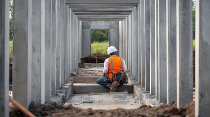 Construction worker inspecting concrete pillars on building site