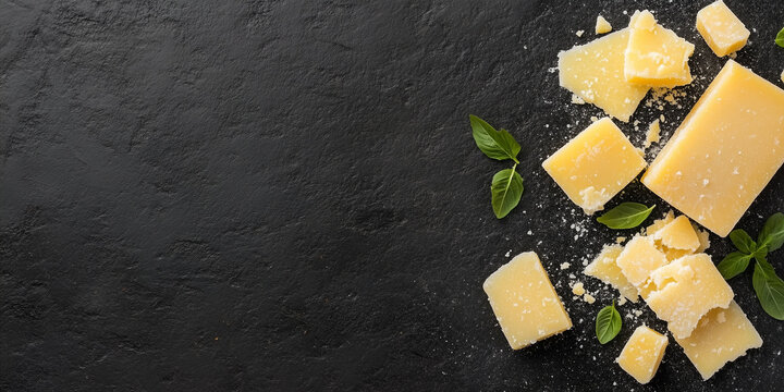 Delicious parmesan cheese pieces on a dark slate background, garnished with fresh basil leaves. Close up photo restaurant banner template