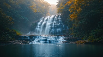 Serene Waterfall Cascading Through Lush Forest Landscape