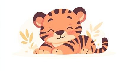 Adorable Baby Tiger Cub Resting Among Leaves