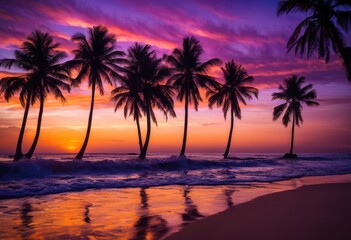 Obraz premium scenic sunset tranquil beach surrounded rolling waves reflecting rich hues purple blue sky, ocean, water, sand, clouds, reflection, light, color, orange