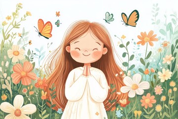 Watercolor  illustration lullaby theme, A cheerful girl in a flower-filled field, surrounded by butterflies, radiating joy and serenity with her hands in a prayer position.