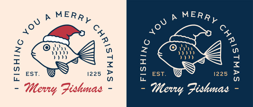 Fishmas funny fisherman fishing you a merry Christmas quotes boy dad greeting card shirt design. Holiday wishes fish wearing Santa hat retro red navy blue beach theme aesthetic printable cut file.
