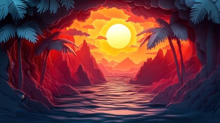 Tropical Sunset in a Majestic Cave Scene