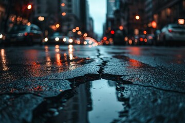 Closeup of a crack on the street in a city