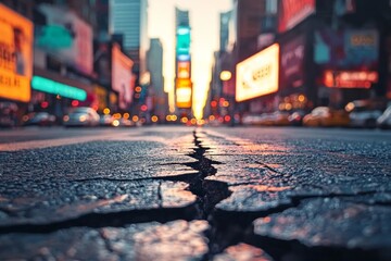 Closeup of a crack on the street in a city