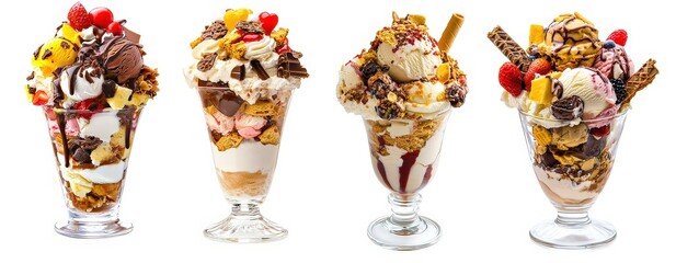 Delicious ice cream sundaes topped with fruits, nuts, and chocolate in elegant glasses, perfect for summer treats.