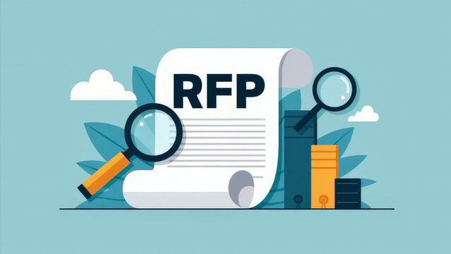 RFP Document with Magnifying Glass and Stationery on a Light Blue Background