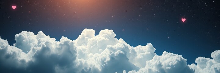 Pink hearts float above fluffy clouds in a twilight sky