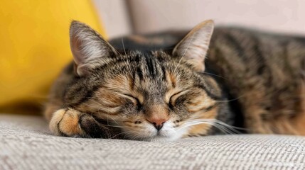 A sleeping cat resting peacefully on a couch.