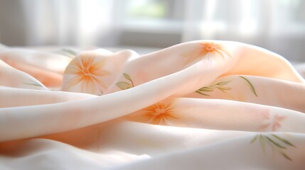 Naklejka premium Soft floral fabric close-up cozy interior textiles natural light inviting atmosphere