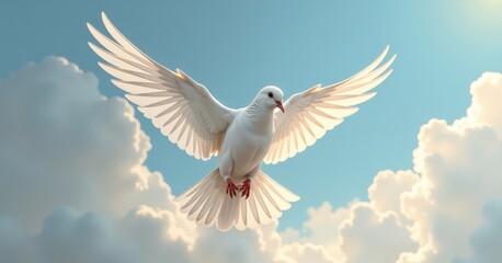 Obraz premium Beautiful White Dove Soaring Through the Blue Sky Amidst Fluffy Clouds