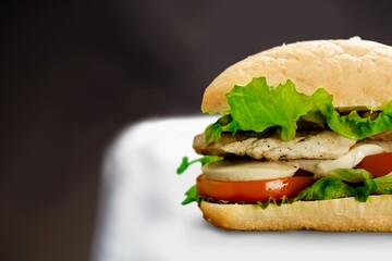 Tasty fresh cheese sandwich on wooden desk
