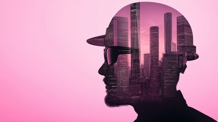 Site manager in reflective gear overlooking downtown skyline urban landscape creative photography dusk setting artistic perspective modern industry concepts