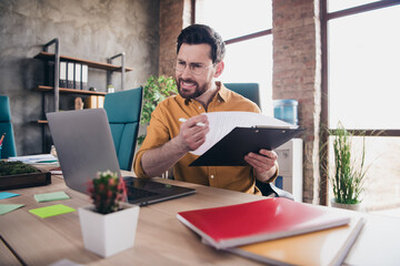 Photo of attractive young man stressed report mistake wear yellow shirt formalwear comfortable...