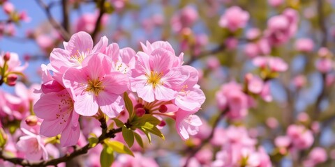 Obraz premium Vibrant pink cherry blossom flowers in full bloom on a sunny spring day, pink, colorful, springtime