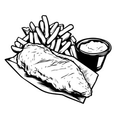 English Fish and Chips with Tartar Sauce – A Quintessential British Dish Loved Worldwide Black Outline Vector Illustration